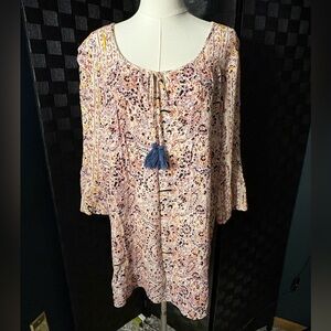Billabong Multicolor Paisley Tunic Mini Dress Blouse Tassels 3/4 Bell Sleeves